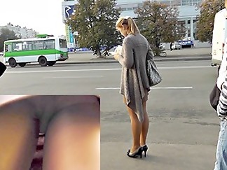 Beautiful upskirt playgirl on a bus stop
