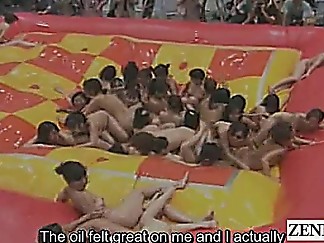 Subtitled huge group of Japanese nudists oil wrestling